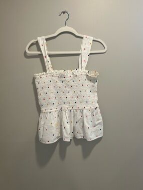 LOFT White Smocked Tank with Multicolor Polka Dots